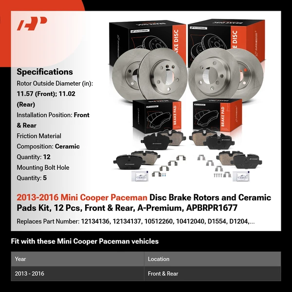 2013-2016 Mini Cooper Paceman Disc Brake Rotors and Ceramic Pads Kit, 12 Pcs, Front & Rear, A-Premium, APBRPR1677