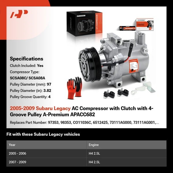 2005-2009 Subaru Legacy AC Compressor with Clutch with 4-Groove Pulley A-Premium APACC682