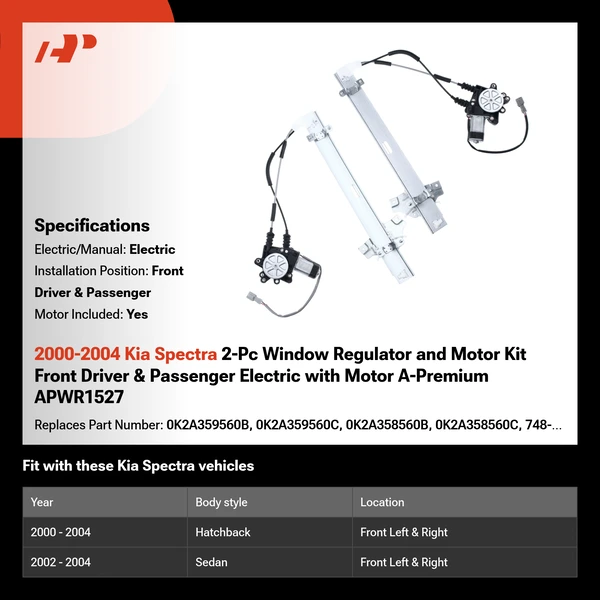 2000-2004 Kia Spectra 2-Pc Window Regulator and Motor Kit Front Driver & Passenger Electric with Motor A-Premium APWR1527