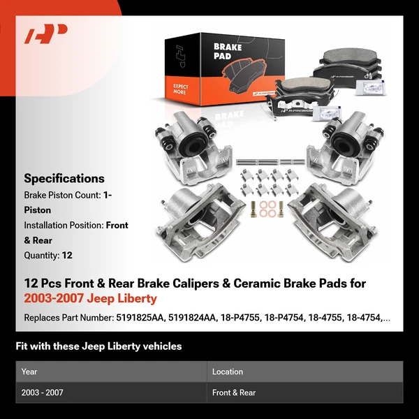 12 Pcs Front & Rear Brake Calipers & Ceramic Brake Pads for 2003-2007 Jeep Liberty