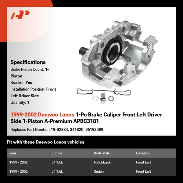 1999-2002 Daewoo Lanos 1-Pc Brake Caliper Front Left Driver Side 1-Piston A-Premium APBC3181