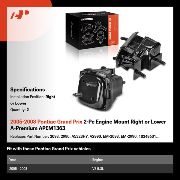 2005-2008 Pontiac Grand Prix 2-Pc Engine Mount Right or Lower A-Premium APEM1363