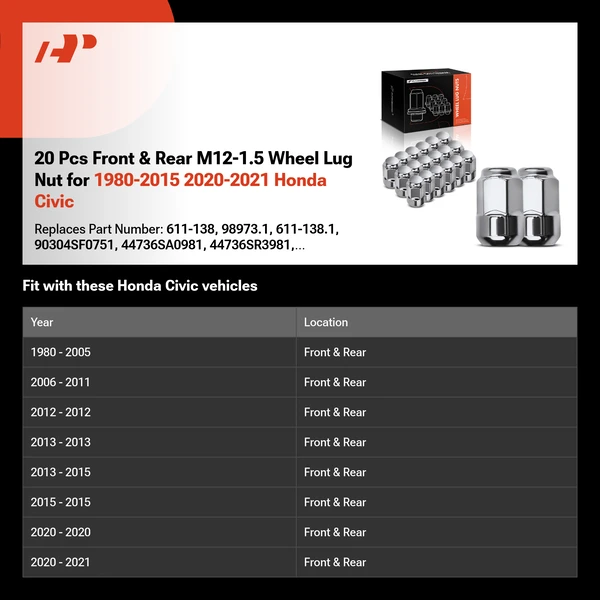 20 Pcs Front & Rear M12-1.5 Wheel Lug Nut for 1980-2015 2020-2021 Honda Civic
