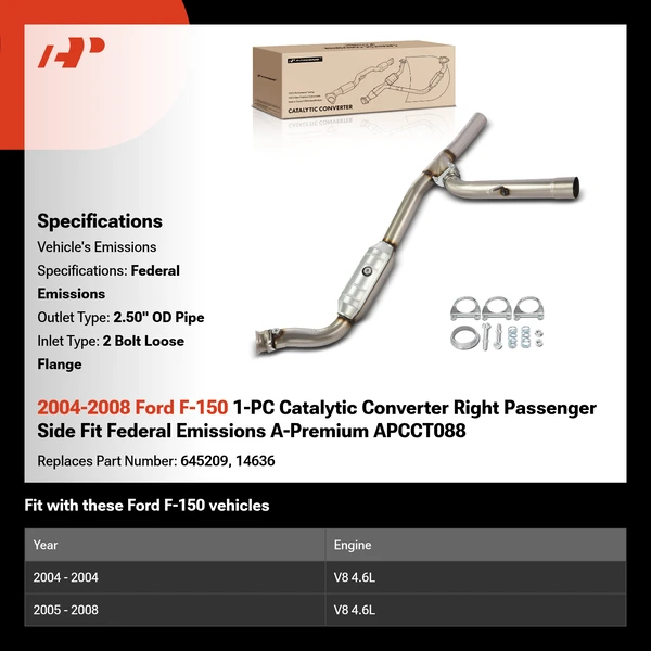 2004-2008 Ford F-150 1-PC Catalytic Converter Right Passenger Side Fit Federal Emissions A-Premium APCCT088