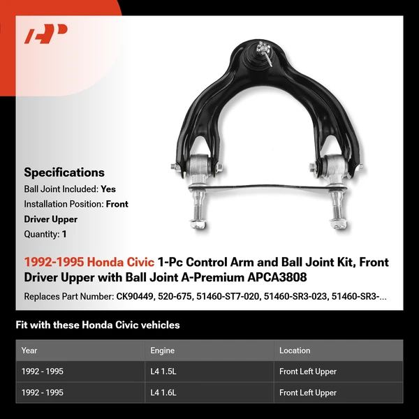 1992-1995 Honda Civic 1-Pc Control Arm and Ball Joint Kit, Front Driver Upper with Ball Joint A-Premium APCA3808