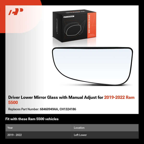 Driver Lower Mirror Glass with Manual Adjust for 2019-2022 Ram 5500