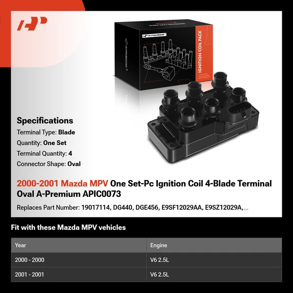 2000-2001 Mazda MPV One Set-Pc Ignition Coil 4-Blade Terminal Oval A-Premium APIC0073