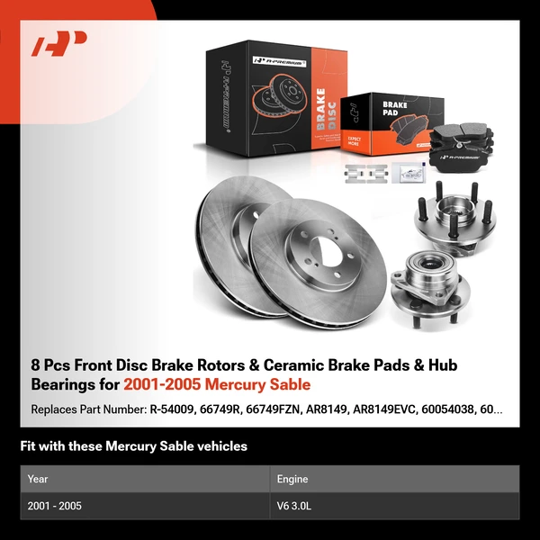 8 Pcs Front Disc Brake Rotors & Ceramic Brake Pads & Hub Bearings for 2001-2005 Mercury Sable