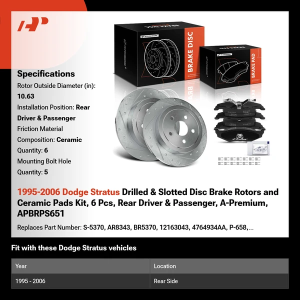 1995-2006 Dodge Stratus Drilled & Slotted Disc Brake Rotors and Ceramic Pads Kit, 6 Pcs, Rear Driver & Passenger, A-Premium, APBRPS651