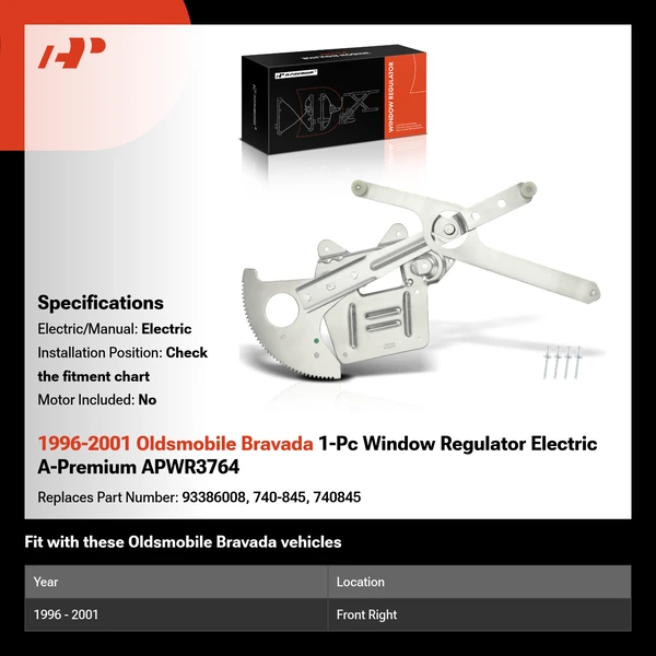 1996-2001 Oldsmobile Bravada 1-Pc Window Regulator Electric A-Premium APWR3764