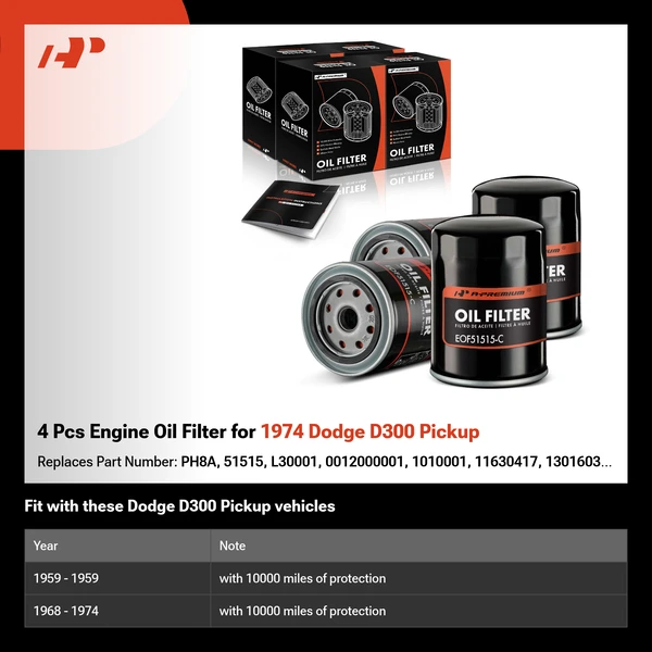 4 Pcs Engine Oil Filter for 1974 Dodge D300 Pickup