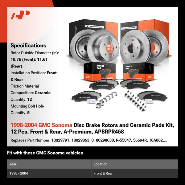 1998-2004 GMC Sonoma Disc Brake Rotors and Ceramic Pads Kit, 12 Pcs, Front & Rear, A-Premium, APBRPR468