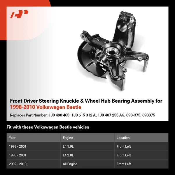 Front Driver Steering Knuckle & Wheel Hub Bearing Assembly for 1998-2010 Volkswagen Beetle