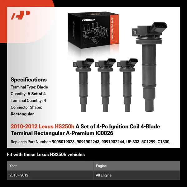 2010-2012 Lexus HS250h A Set of 4-Pc Ignition Coil 4-Blade Terminal Rectangular A-Premium IC0026