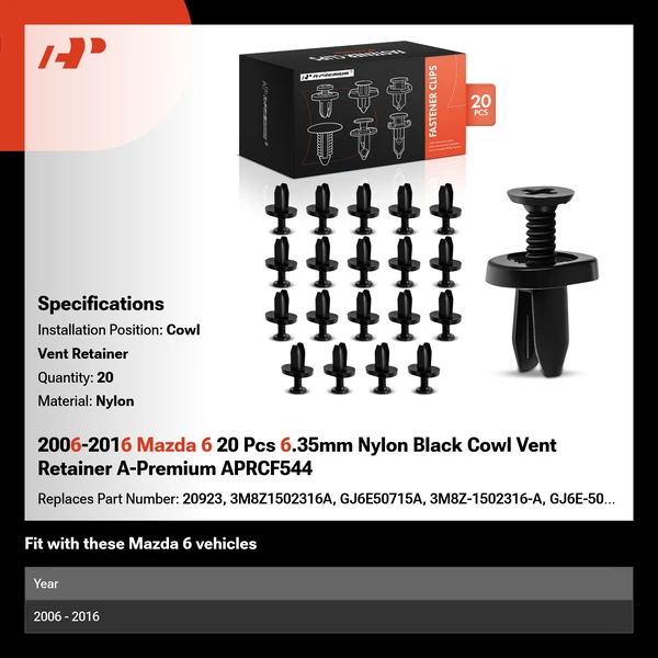 2006-2016 Mazda 6 20 Pcs 6.35mm Nylon Black Cowl Vent Retainer A-Premium APRCF544