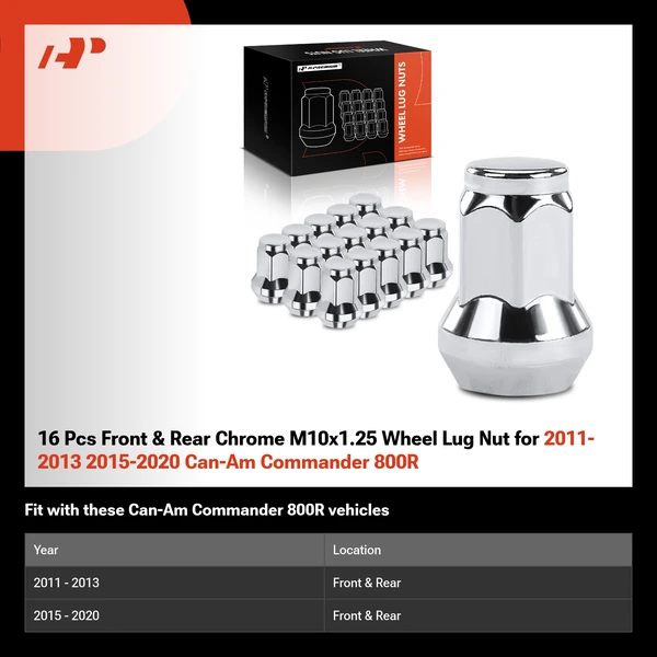 16 Pcs Front & Rear Chrome M10x1.25 Wheel Lug Nut for 2011-2013 2015-2020 Can-Am Commander 800R