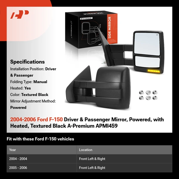 2004-2006 Ford F-150 Driver & Passenger Mirror, Powered, with Heated, Textured Black A-Premium APMI459