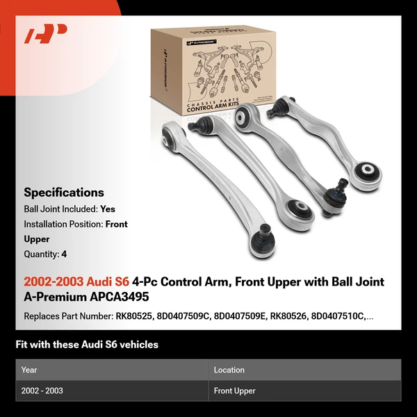 2002-2003 Audi S6 4-Pc Control Arm, Front Upper with Ball Joint A-Premium APCA3495