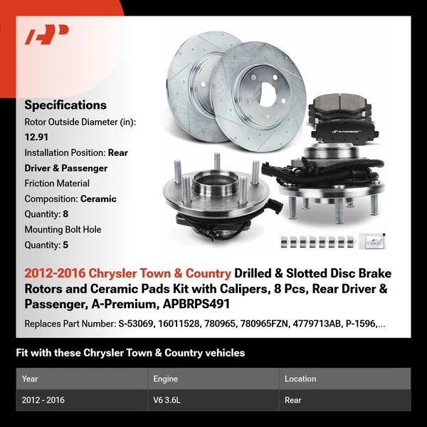 2012-2016 Chrysler Town & Country Drilled & Slotted Disc Brake Rotors and Ceramic Pads Kit with Calipers, 8 Pcs, Rear Driver & Passenger, A-Premium, APBRPS491
