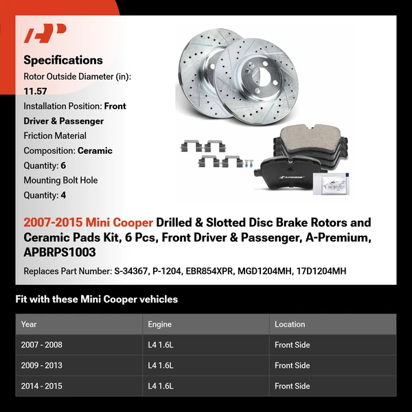 2007-2015 Mini Cooper Drilled & Slotted Disc Brake Rotors and Ceramic Pads Kit, 6 Pcs, Front Driver & Passenger, A-Premium, APBRPS1003