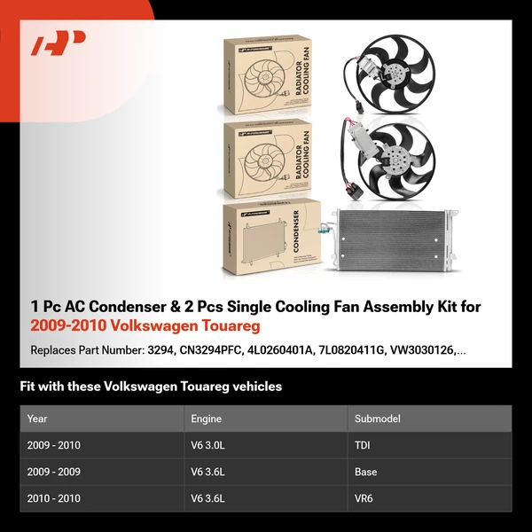 1 Pc AC Condenser & 2 Pcs Single Cooling Fan Assembly Kit for 2009-2010 Volkswagen Touareg