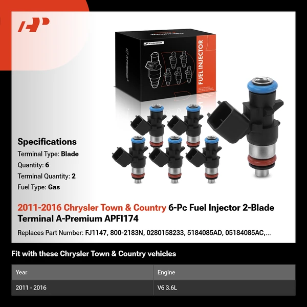 2011-2016 Chrysler Town & Country 6-Pc Fuel Injector 2-Blade Terminal A-Premium APFI174