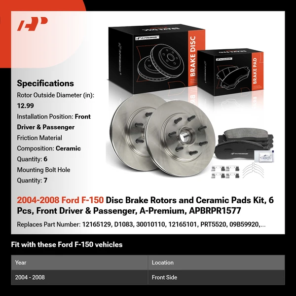 2004-2008 Ford F-150 Disc Brake Rotors and Ceramic Pads Kit, 6 Pcs, Front Driver & Passenger, A-Premium, APBRPR1577