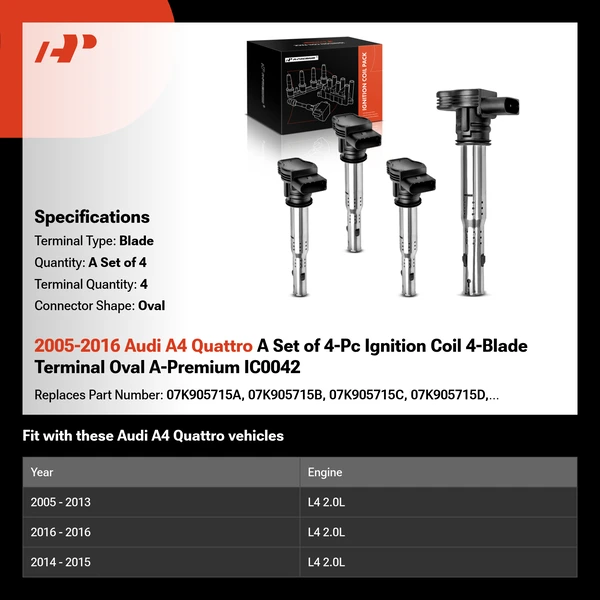 2005-2016 Audi A4 Quattro A Set of 4-Pc Ignition Coil 4-Blade Terminal Oval A-Premium IC0042