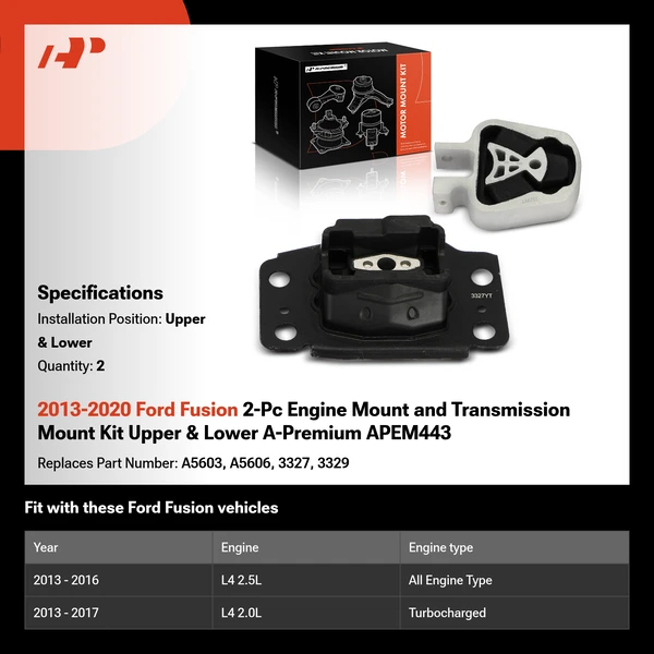 2013-2020 Ford Fusion 2-Pc Engine Mount and Transmission Mount Kit Upper & Lower A-Premium APEM443