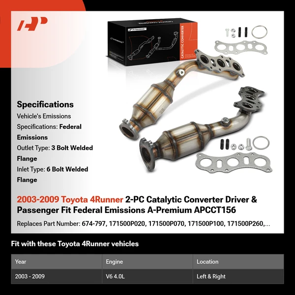 2003-2009 Toyota 4Runner 2-PC Catalytic Converter Driver & Passenger Fit Federal Emissions A-Premium APCCT156