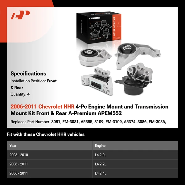 2006-2011 Chevrolet HHR 4-Pc Engine Mount and Transmission Mount Kit Front & Rear A-Premium APEM552