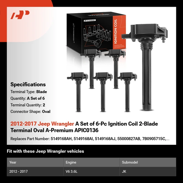 2012-2017 Jeep Wrangler A Set of 6-Pc Ignition Coil 2-Blade Terminal Oval A-Premium APIC0136