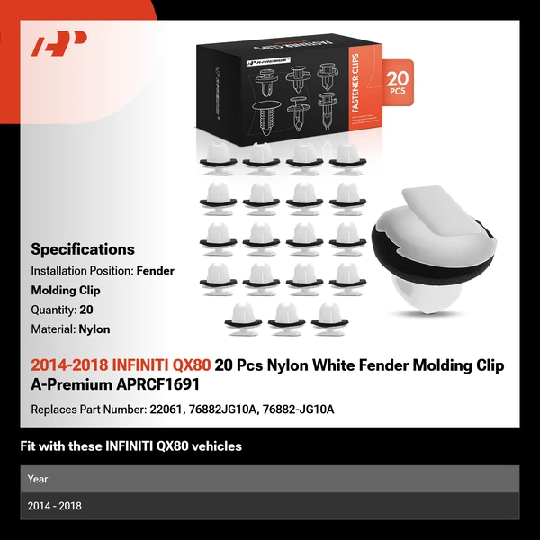 2014-2018 INFINITI QX80 20 Pcs Nylon White Fender Molding Clip A-Premium APRCF1691