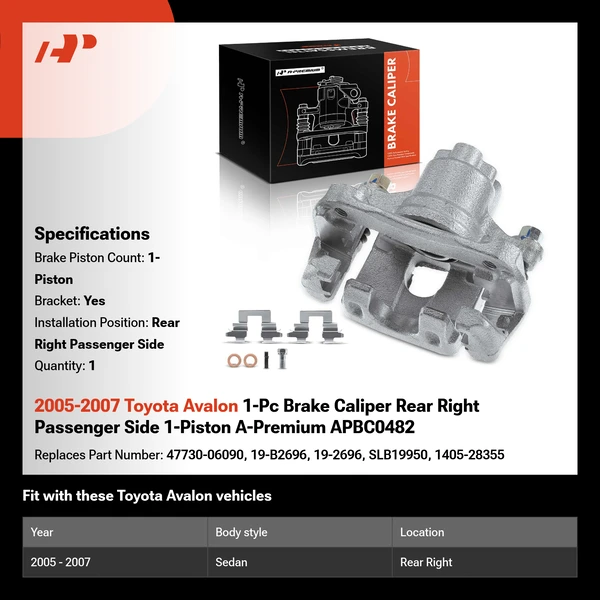 2005-2007 Toyota Avalon 1-Pc Brake Caliper Rear Right Passenger Side 1-Piston A-Premium APBC0482