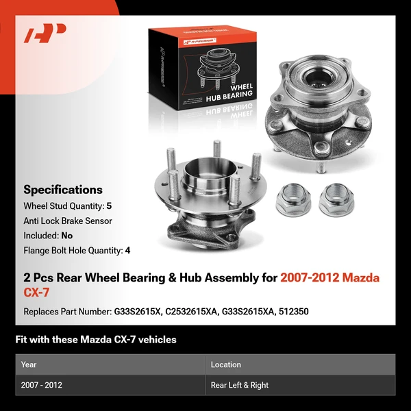 2 Pcs Rear Wheel Bearing & Hub Assembly for 2007-2012 Mazda CX-7