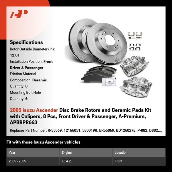 2005 Isuzu Ascender Disc Brake Rotors and Ceramic Pads Kit with Calipers, 8 Pcs, Front Driver & Passenger, A-Premium, APBRPR663