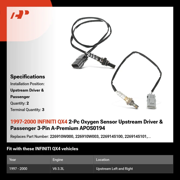 1997-2000 INFINITI QX4 2-Pc Oxygen Sensor Upstream Driver & Passenger 3-Pin A-Premium APOS0194