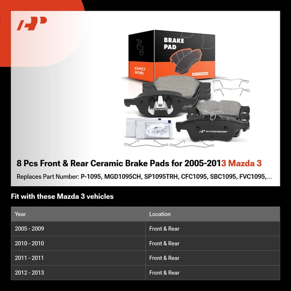 8 Pcs Front & Rear Ceramic Brake Pads for 2005-2013 Mazda 3