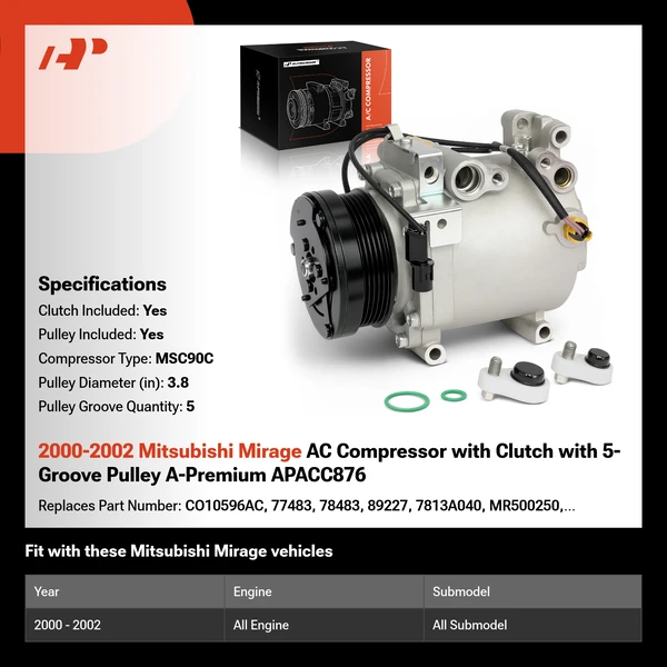 2000-2002 Mitsubishi Mirage AC Compressor with Clutch with 5-Groove Pulley A-Premium APACC876