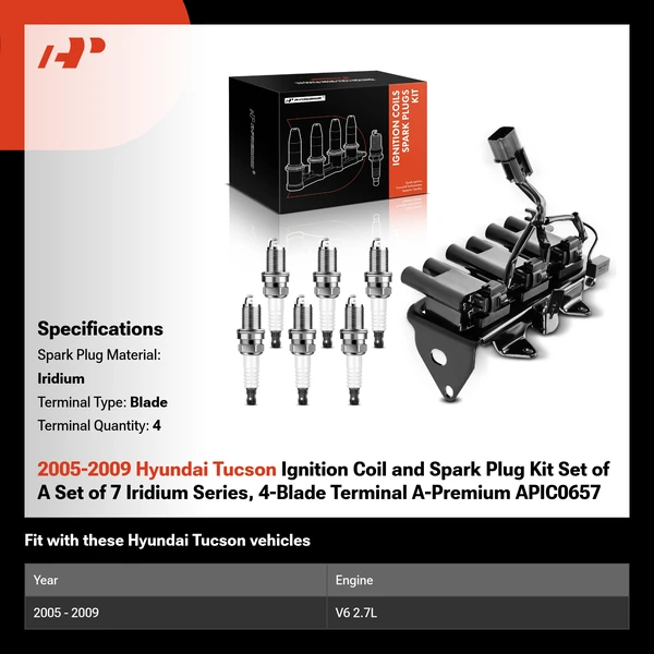2005-2009 Hyundai Tucson Ignition Coil and Spark Plug Kit Set of A Set of 7 Iridium Series, 4-Blade Terminal A-Premium APIC0657