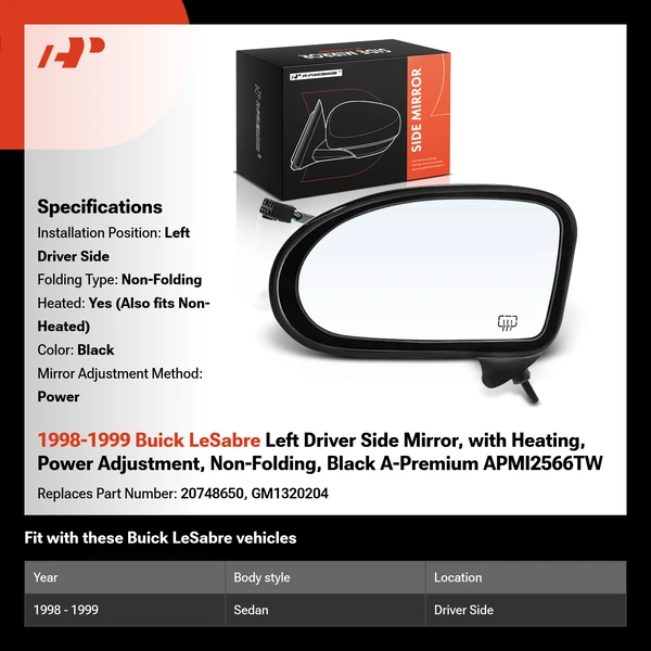 1998-1999 Buick LeSabre Left Driver Side Mirror, with Heating, Power Adjustment, Non-Folding, Black A-Premium APMI2566TW