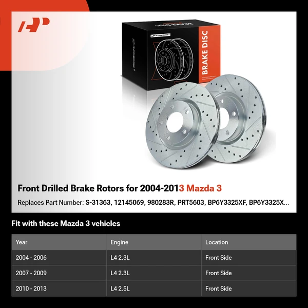 Front Drilled Brake Rotors for 2004-2013 Mazda 3