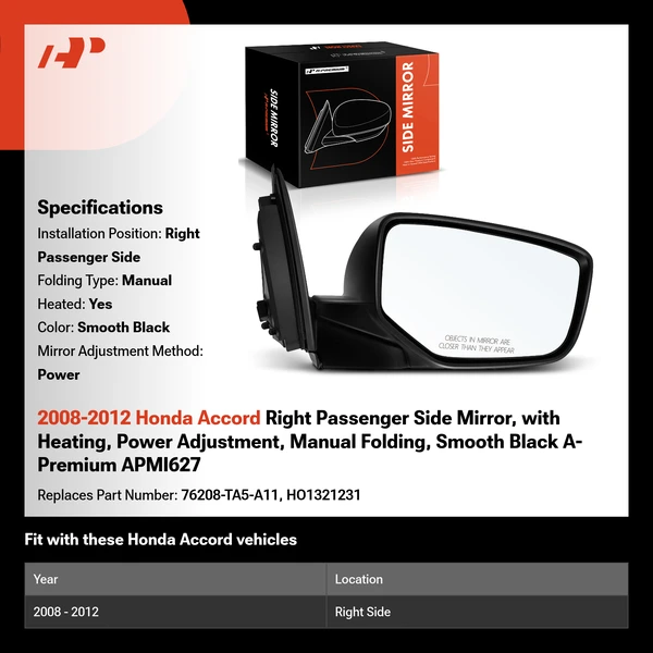 2008-2012 Honda Accord Right Passenger Side Mirror, with Heating, Power Adjustment, Manual Folding, Smooth Black A-Premium APMI627