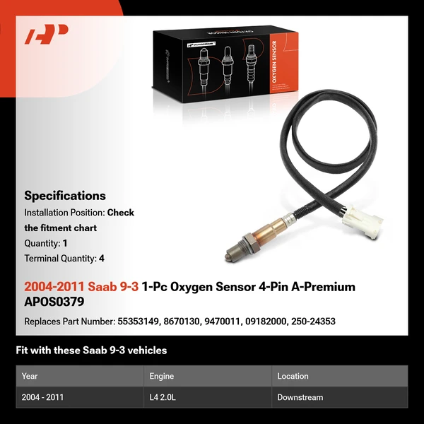 2004-2011 Saab 9-3 1-Pc Oxygen Sensor 4-Pin A-Premium APOS0379