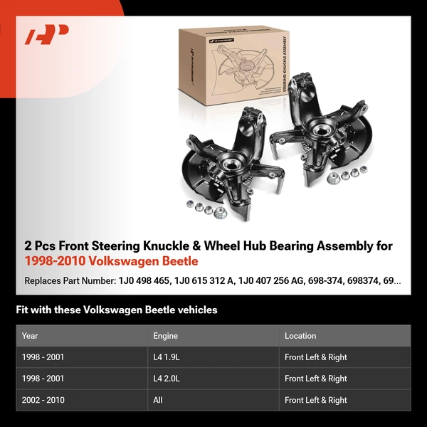 2 Pcs Front Steering Knuckle & Wheel Hub Bearing Assembly for 1998-2010 Volkswagen Beetle