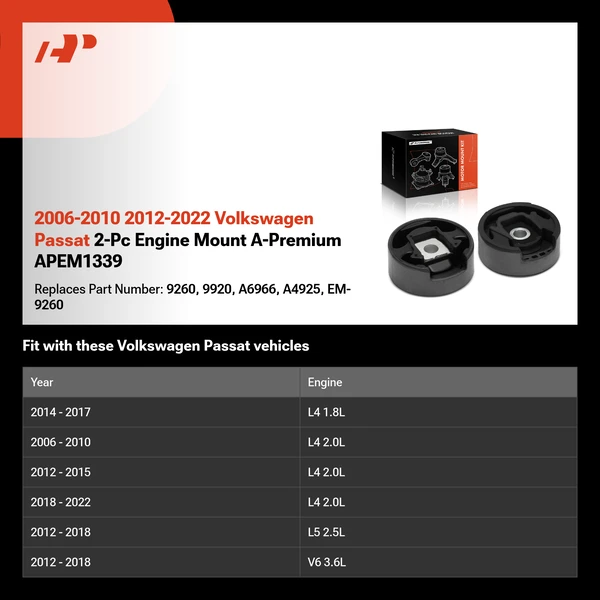 2006-2010 2012-2022 Volkswagen Passat 2-Pc Engine Mount A-Premium APEM1339
