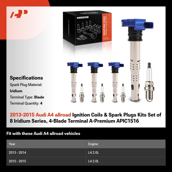 2013-2015 Audi A4 allroad Ignition Coils & Spark Plugs Kits Set of 8 Iridium Series, 4-Blade Terminal A-Premium APIC1516