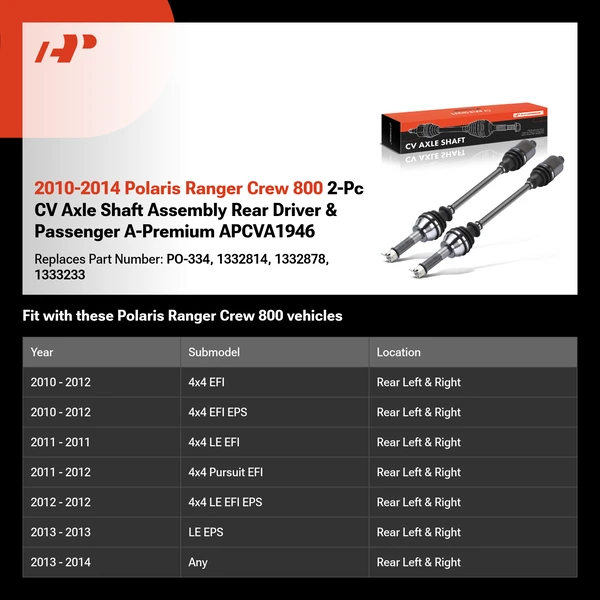 2010-2014 Polaris Ranger Crew 800 2-Pc CV Axle Shaft Assembly Rear Driver & Passenger A-Premium APCVA1946