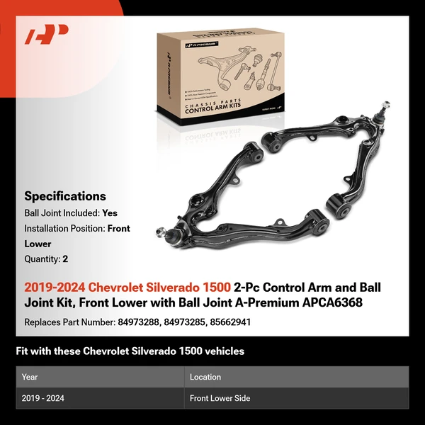 2019-2024 Chevrolet Silverado 1500 2-Pc Control Arm and Ball Joint Kit, Front Lower with Ball Joint A-Premium APCA6368