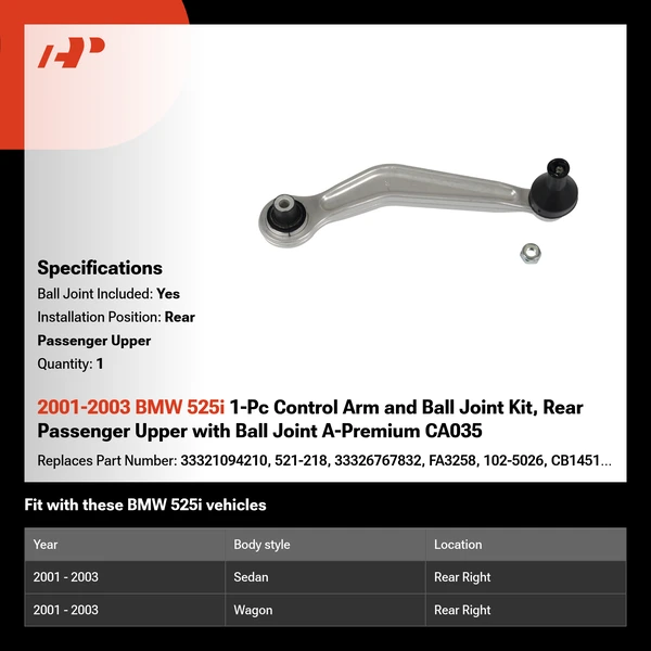 2001-2003 BMW 525i 1-Pc Control Arm and Ball Joint Kit, Rear Passenger Upper with Ball Joint A-Premium CA035